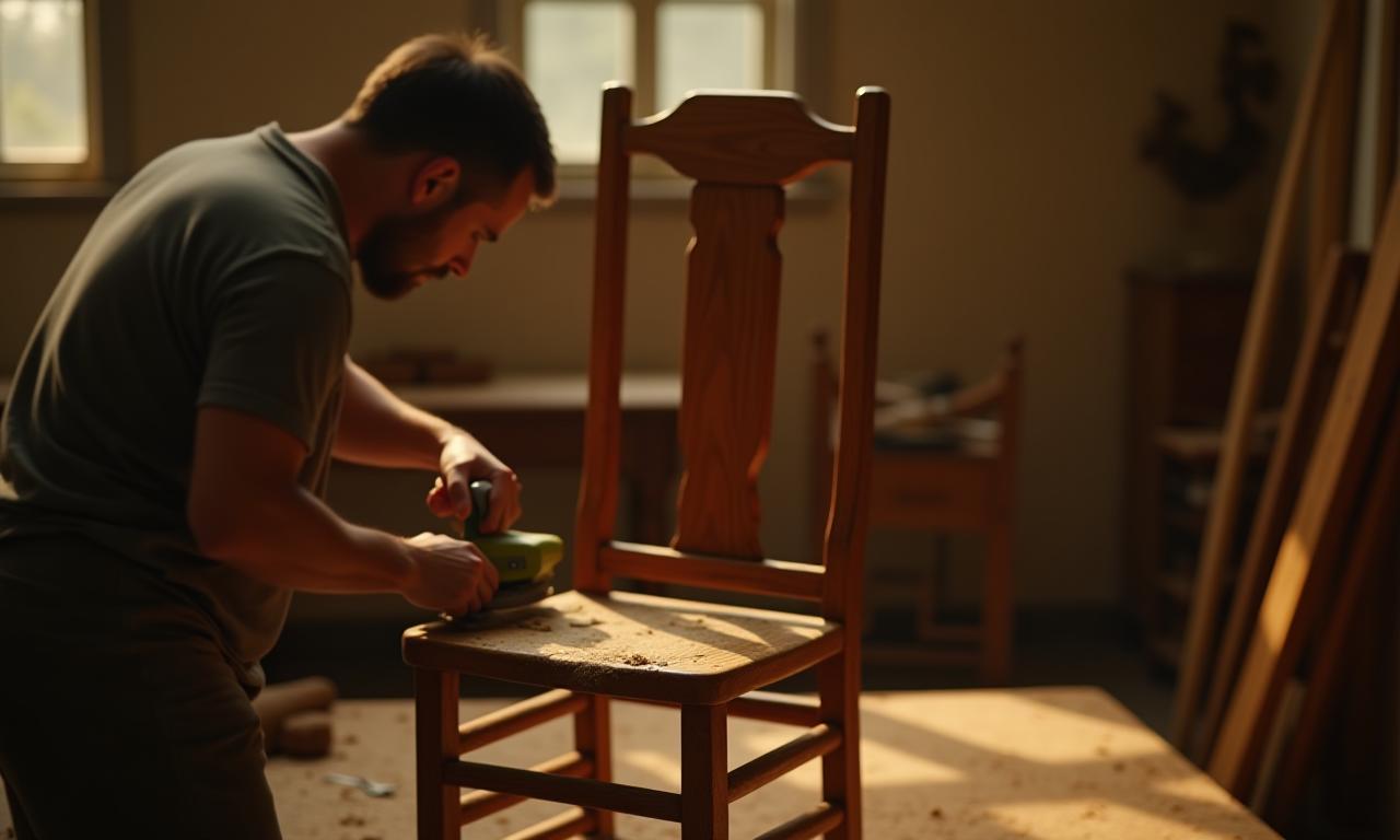 Taller restaurando una silla antigua de madera con herramientas artesanales