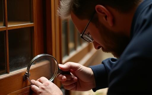 Restaurador inspeccionando una vitrina de madera con lupa